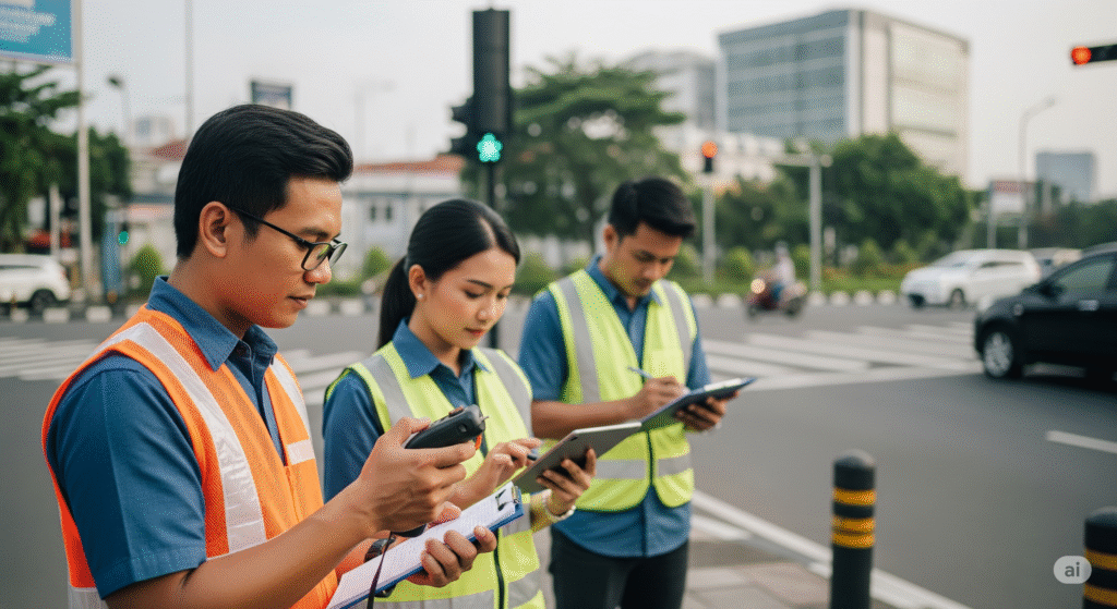 Ilustrasi tim teknis sedang memeriksa bangunan untuk verifikasi RKK agar lolos SLF